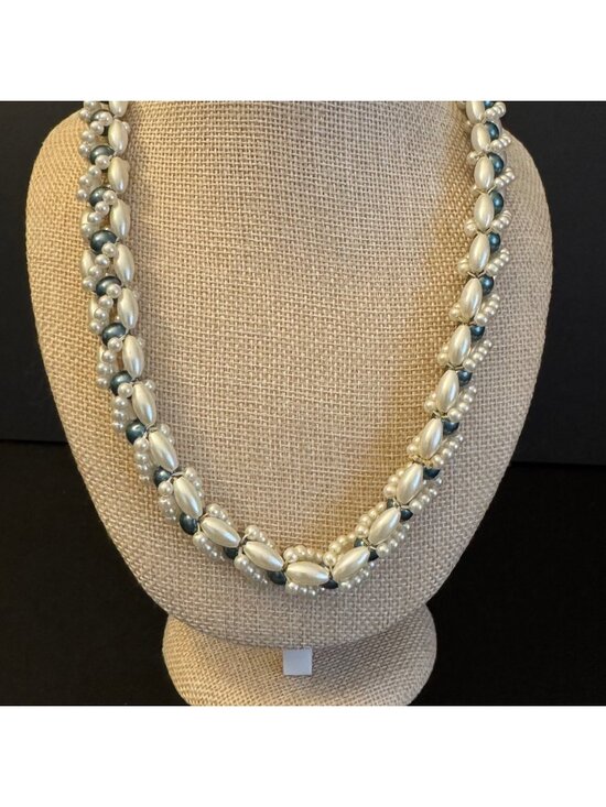 Jewelry - VTG Beaded Braided Necklace Plastic Faux Pearls & Metallic Blue Beads 33" Long